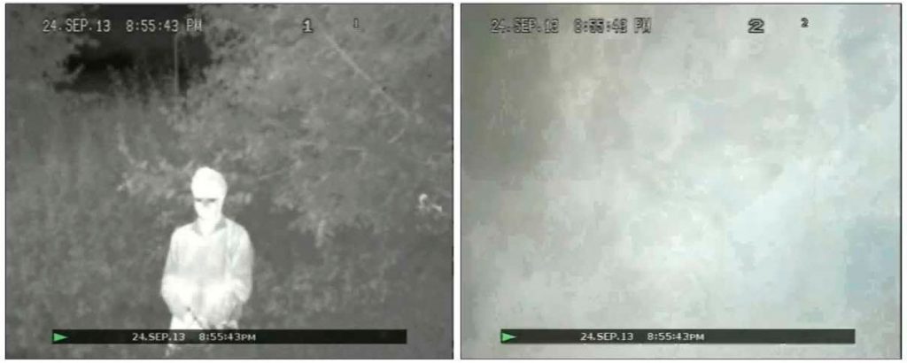 Одна и та же сцена видеонаблюдения в спектре видимого света и инфракрасных лучах среднего диапазона. В условиях задымления нарушителя «видит» только тепловизор.