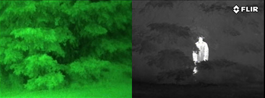 Прибор ночного видения (слева) не в состоянии обнаружить человека, скрытого в листве. Справа — тепловизионное изображение этой же сцены.
